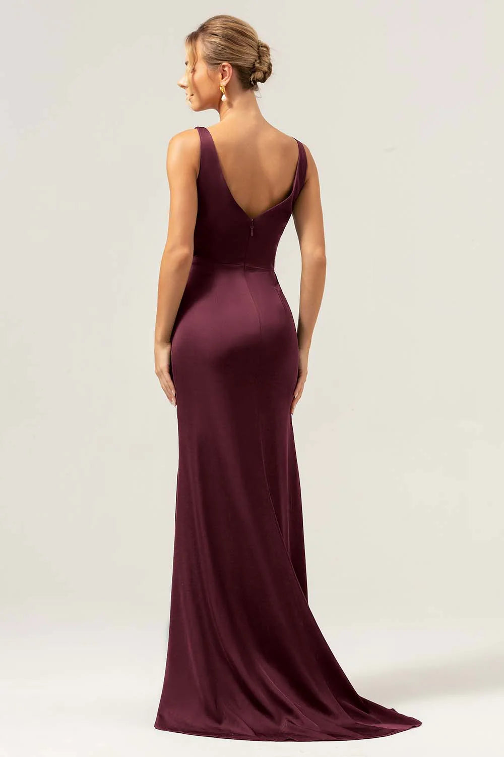 Burgundy Mermaid V Neck Ruched High Low Long Satin Bridesmaid Dress with Slit
