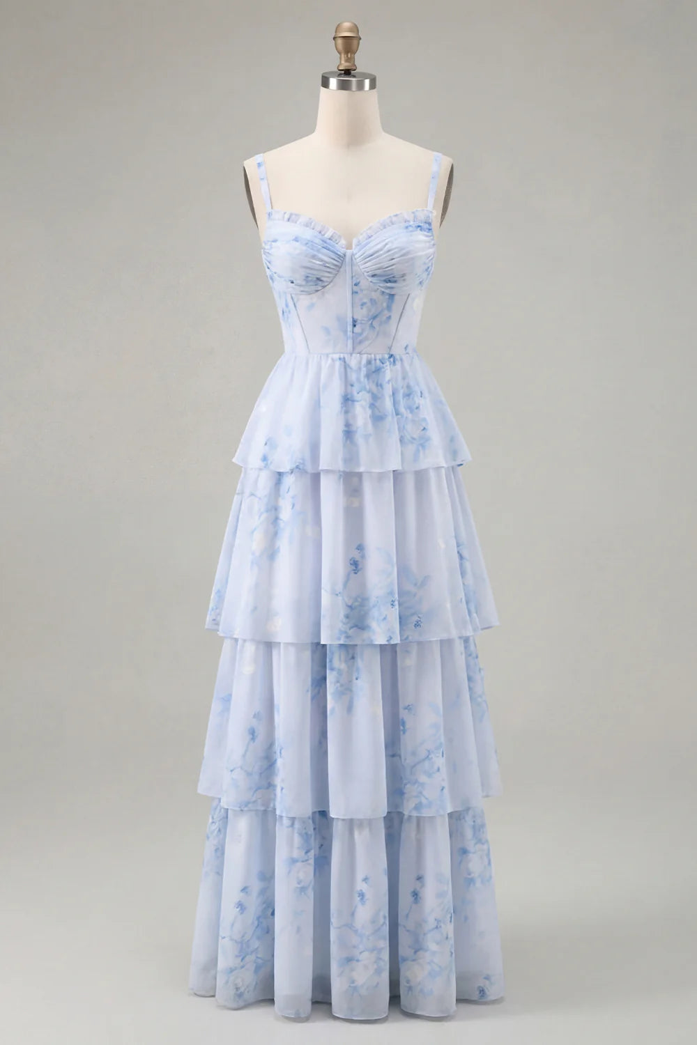 Dusty Sage A Line Corset Tiered Print Floral Long Bridesmaid Dress with Slit