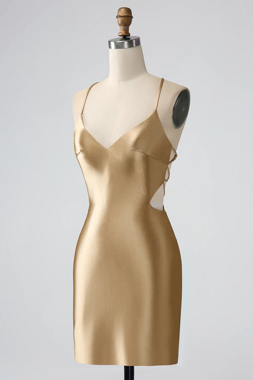 Golden Bodycon Spaghetti Straps Lace up Back Short Homecoming Dress