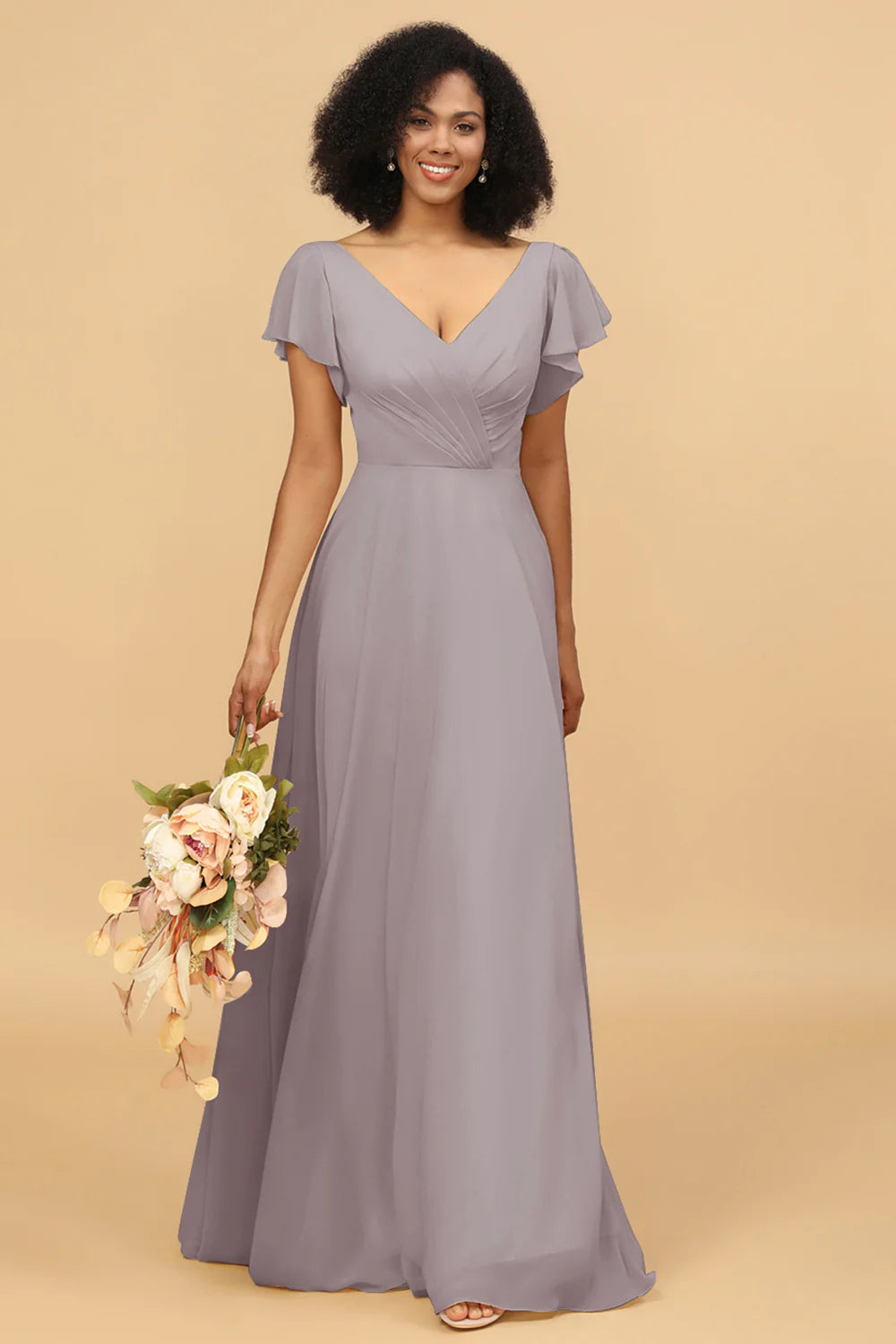 V Neck Cape Long Floor Length Chiffon Bridesmaid Dress
