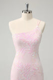 Sparkly Pink Bodycon One Shoulder Short Homecoming Dress with Sequins