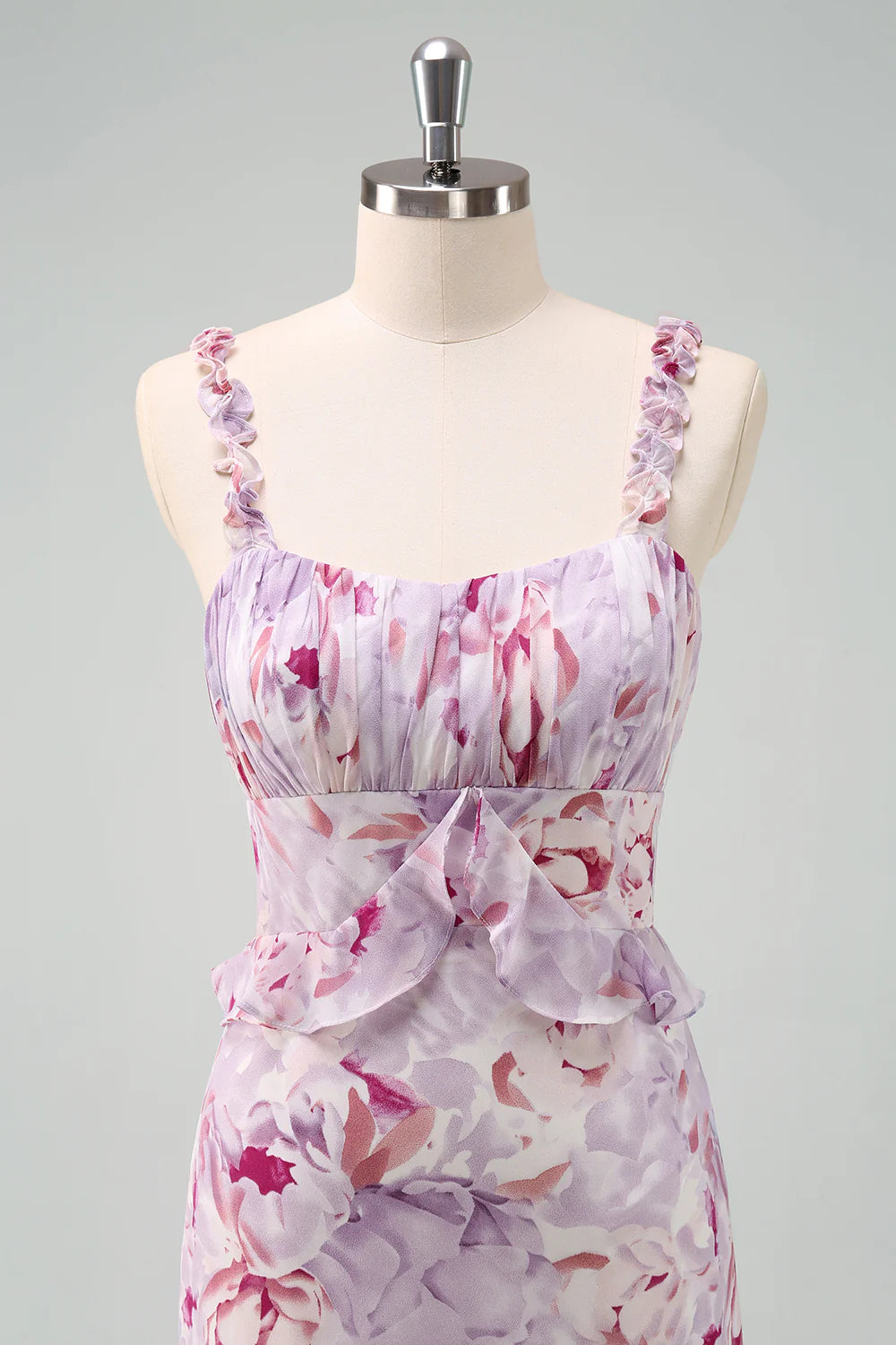 Grey Purple Sheath Ruched Print Floral Long Bridesmaid Dress with Ruffle