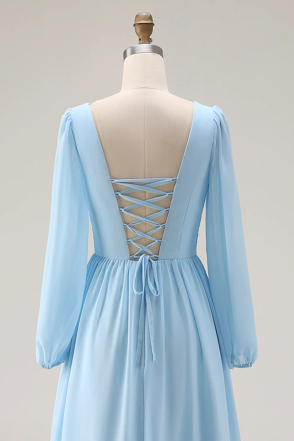 Sky Blue Ruched A Line V Neck Long Sleeve Bridesmaid Dress with Slit