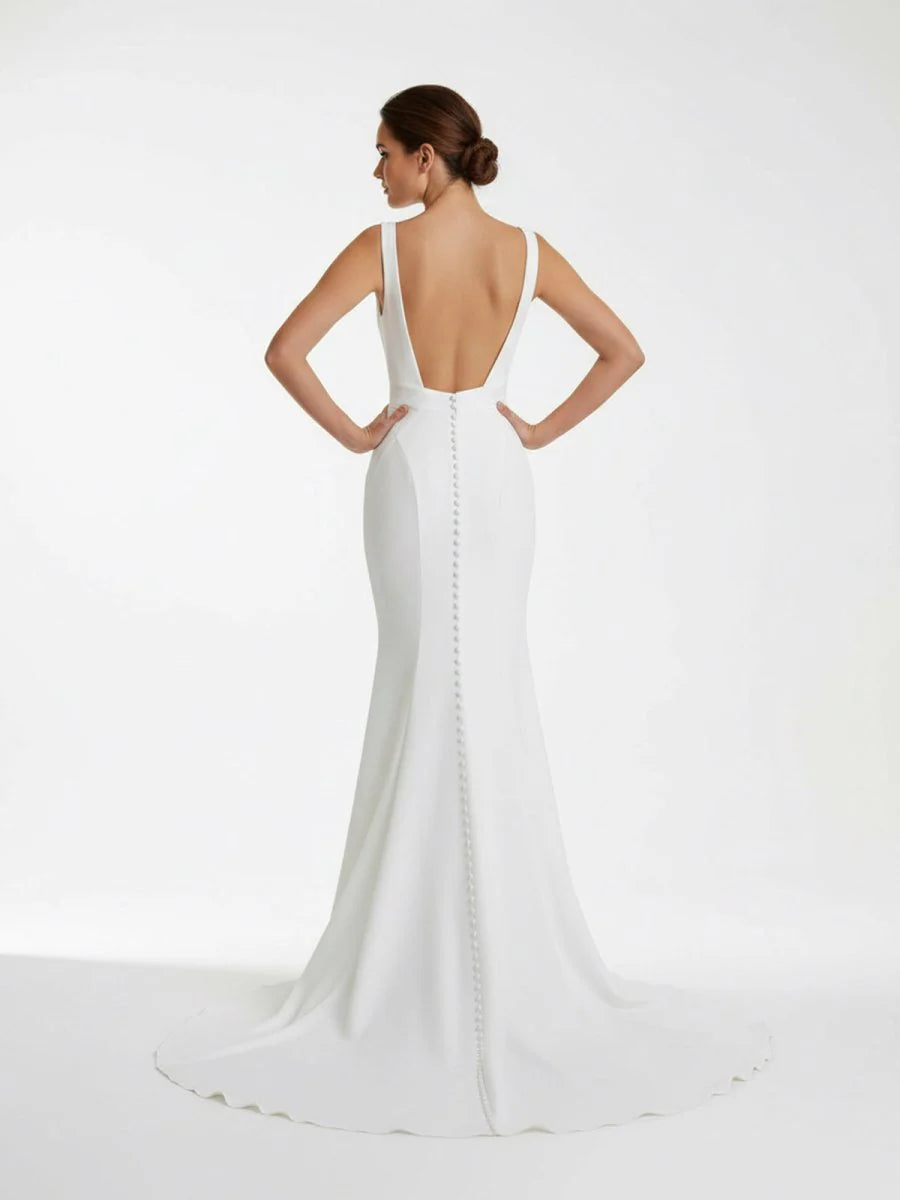 Ivory Plunge V Open Back Mermaid Long Wedding Dress
