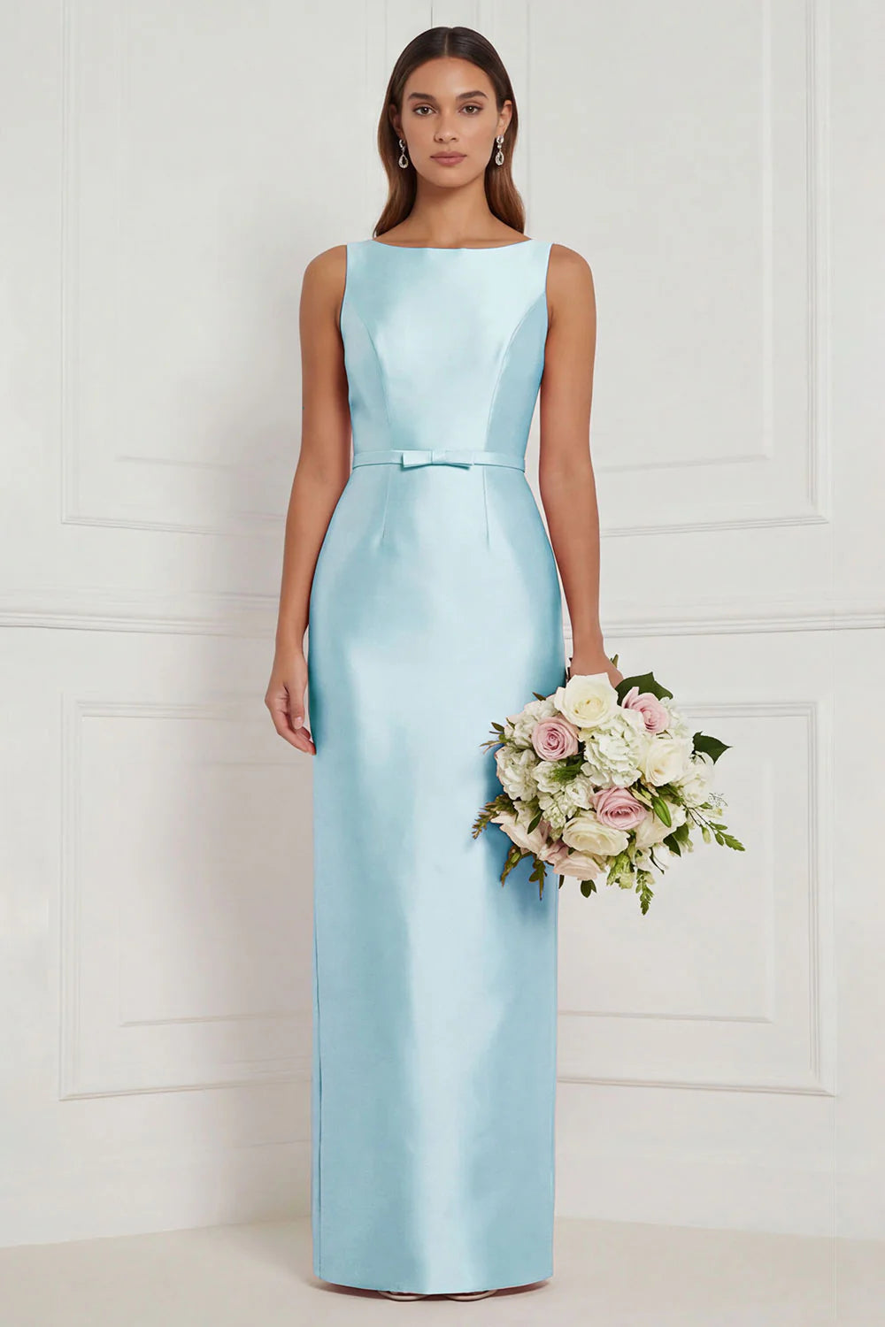 Sage Green Sheath Bateau Neck Satin Bridesmaid Dress