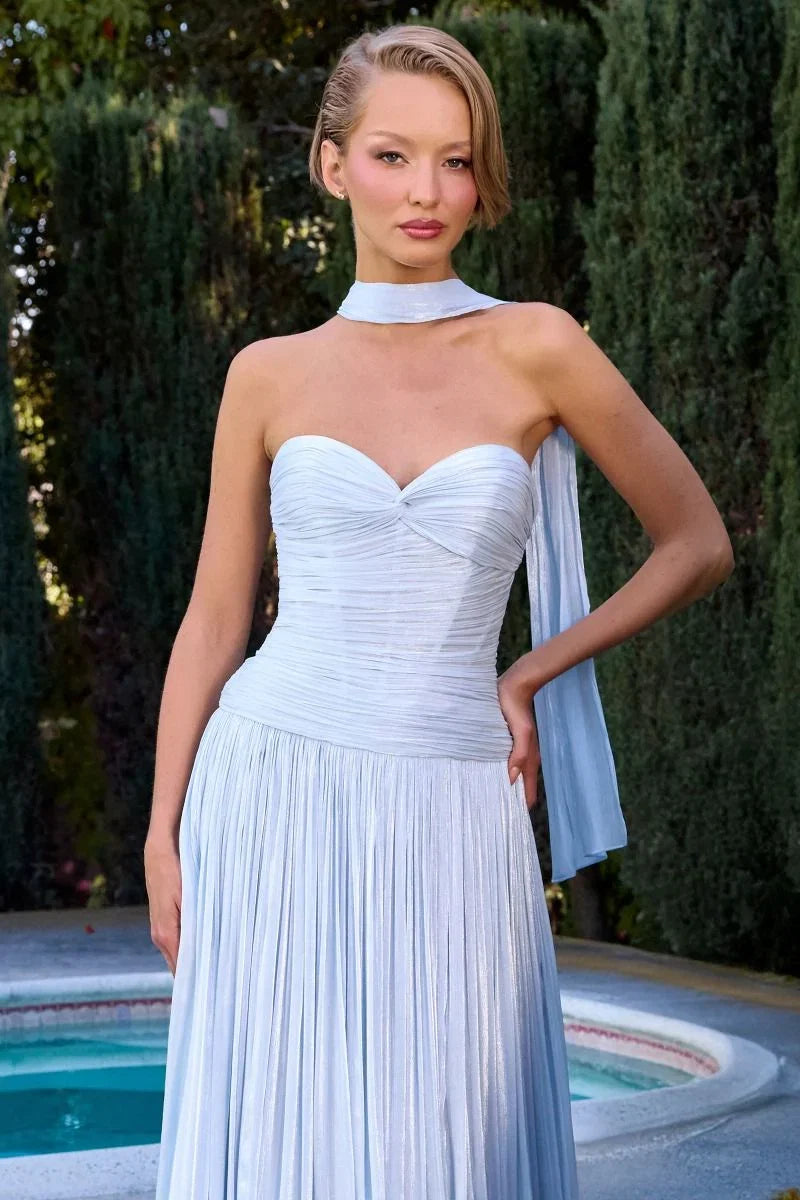 Linnea Gown Strapless Shimmer Chiffon Dress with Scarf