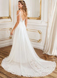 A Line V Neck Sweep Train Wedding Dress With Lace Split Front