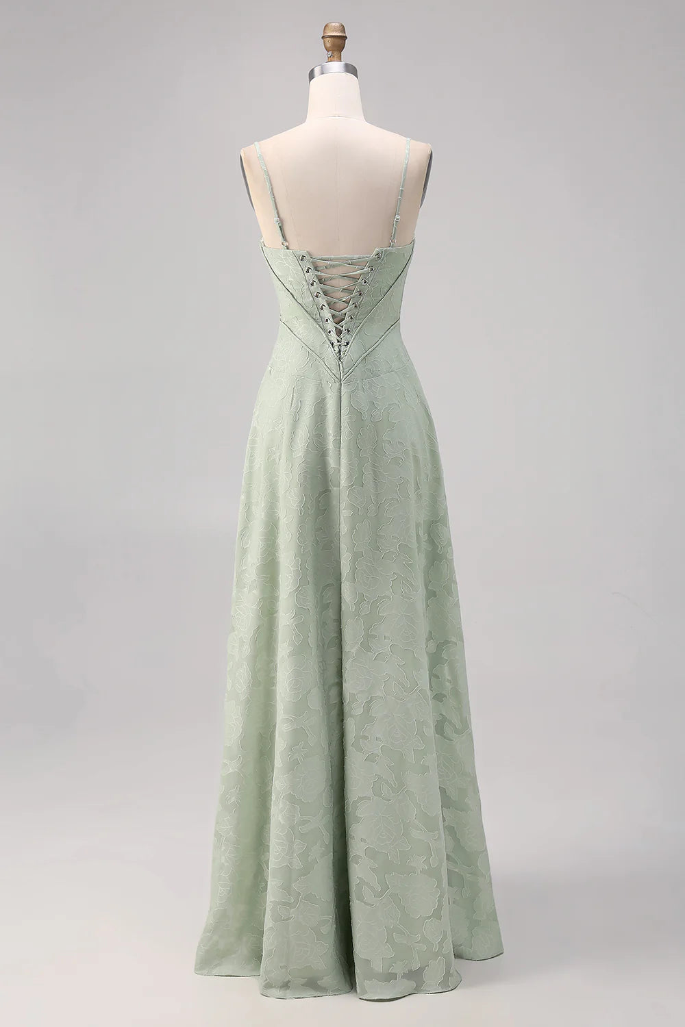 Sage Green A Line Spaghetti Straps Floral Burnout Bridesmaid Dress