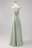 Sage Green A Line Spaghetti Straps Floral Burnout Bridesmaid Dress