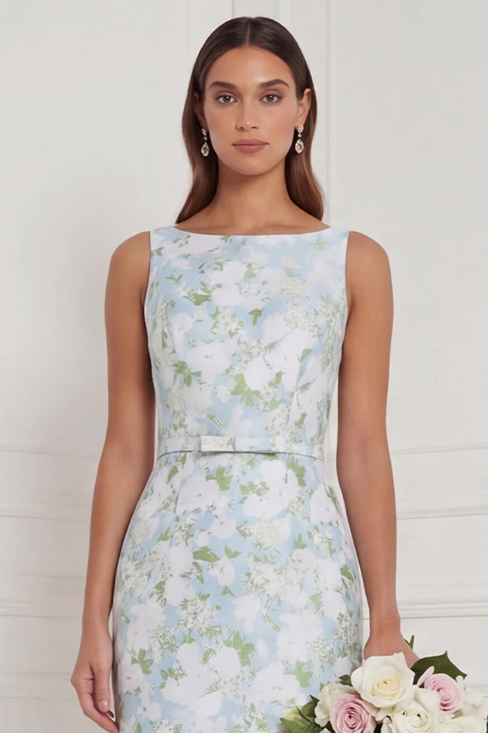 Sheath Blue White Floral Bateau Neck Long Bridesmaid Dress
