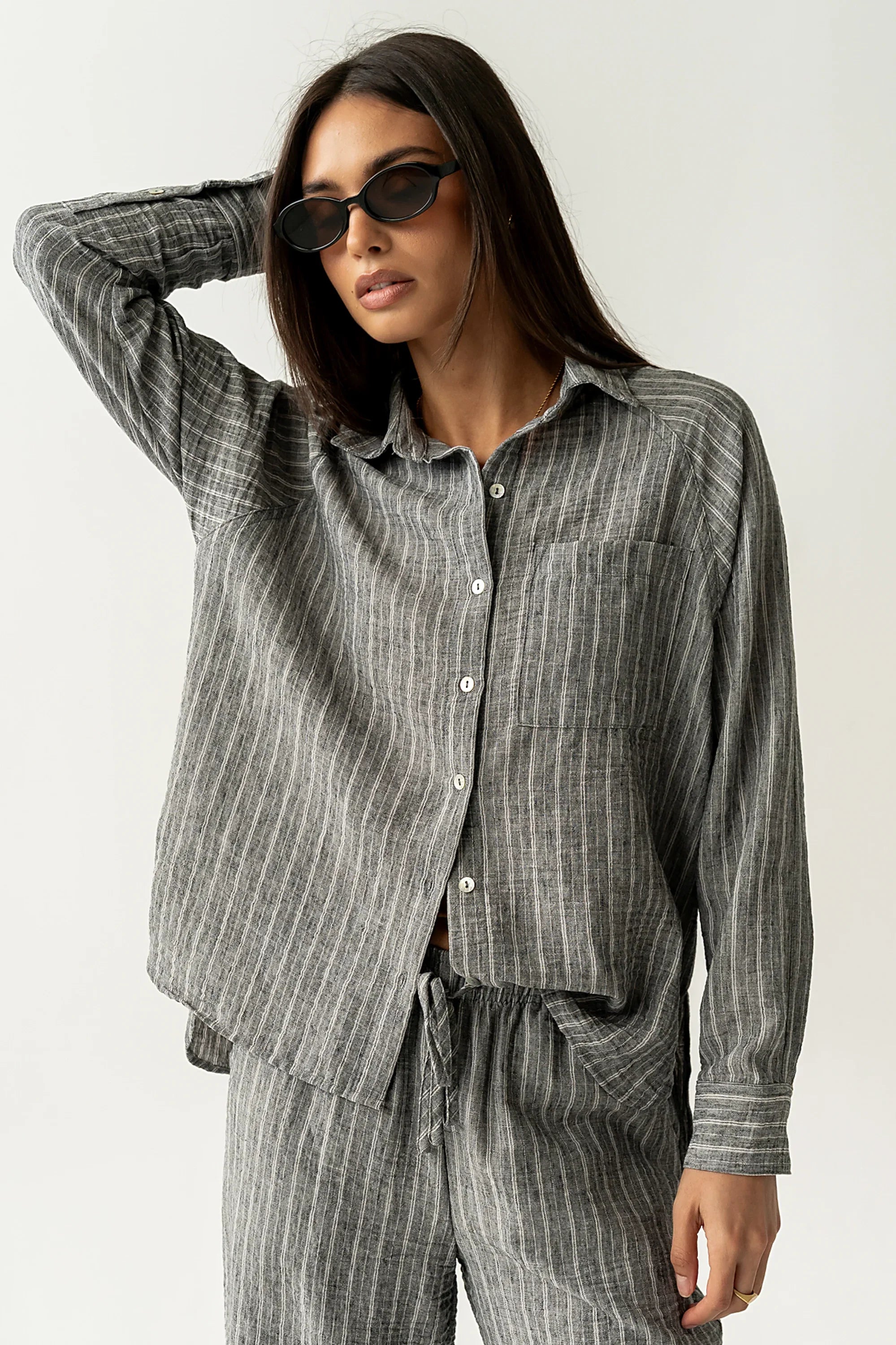 Conner Striped Button Down Top in Black