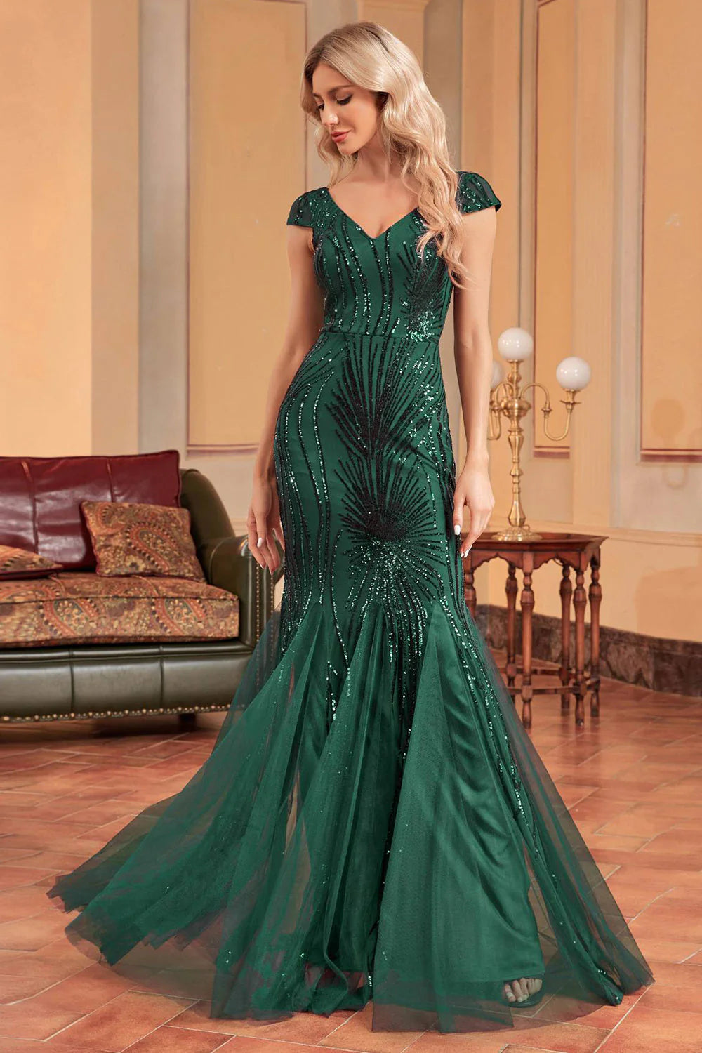 Sparkly Dark Green Mermaid V Neck Long Sequins Formal Dress