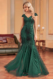 Sparkly Dark Green Mermaid V Neck Long Sequins Formal Dress