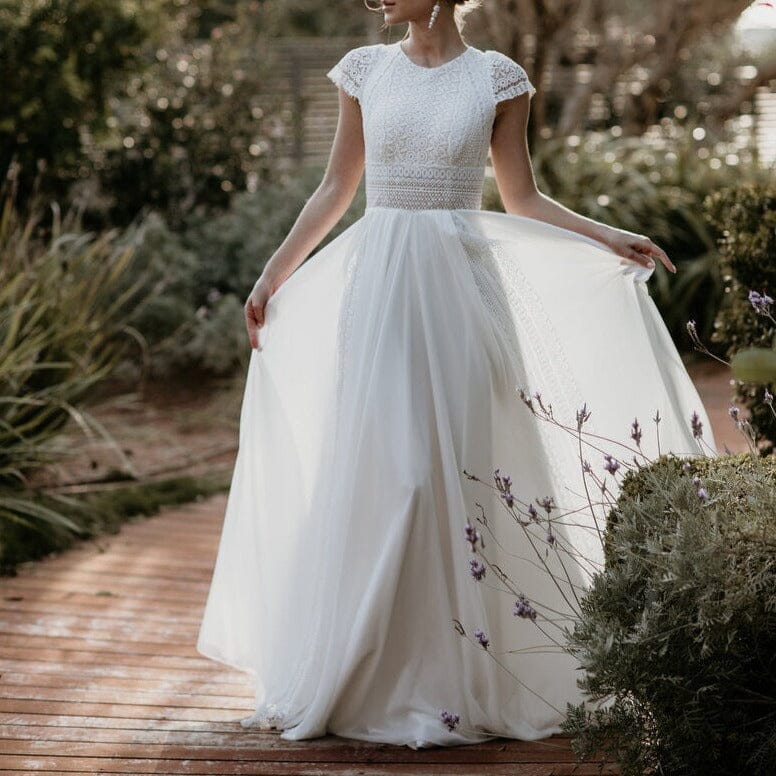 A Line Exquisite Lace Appliqued Cap Sleeves Wedding Dress