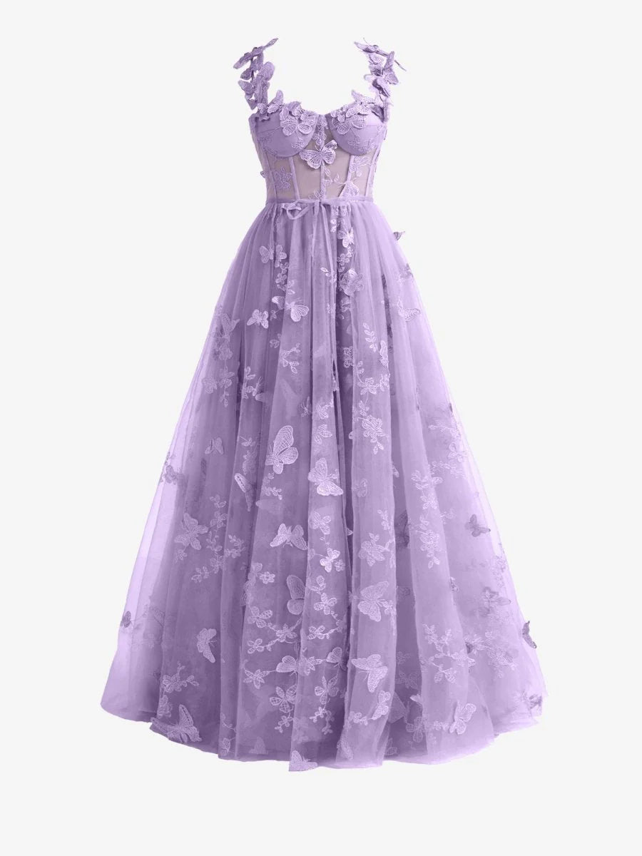 Light Purple A line Butterfly Lace Lilac Corset Prom Dress with Slit