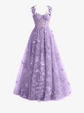 Light Purple A line Butterfly Lace Lilac Corset Prom Dress with Slit