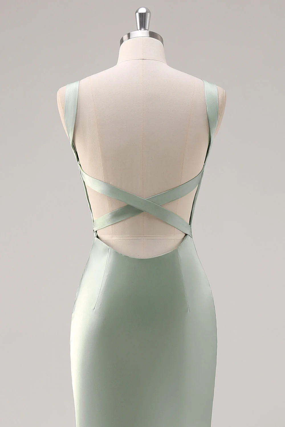 Sage Green Mermaid Square Neck Satin Long Bridesmaid Dress with Criss Cross Back