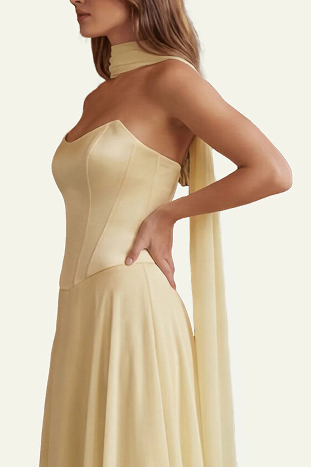 Daffodil Strapless A Line Corset Long Bridesmaid Dress with Streamer