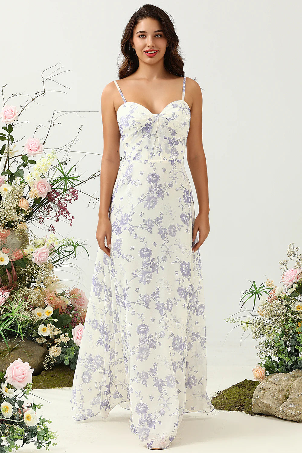 White Blue Flower A Line Spaghetti Straps Chiffon Floor Length Bridesmaid Dress