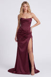 Burgundy Strapless Mermaid Ruched Corset Formal Dress with Slit