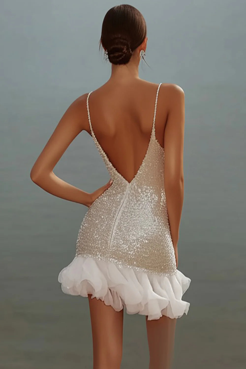 Sparkly White Sequins V Neck Mini Graduation Dress with Ruffles