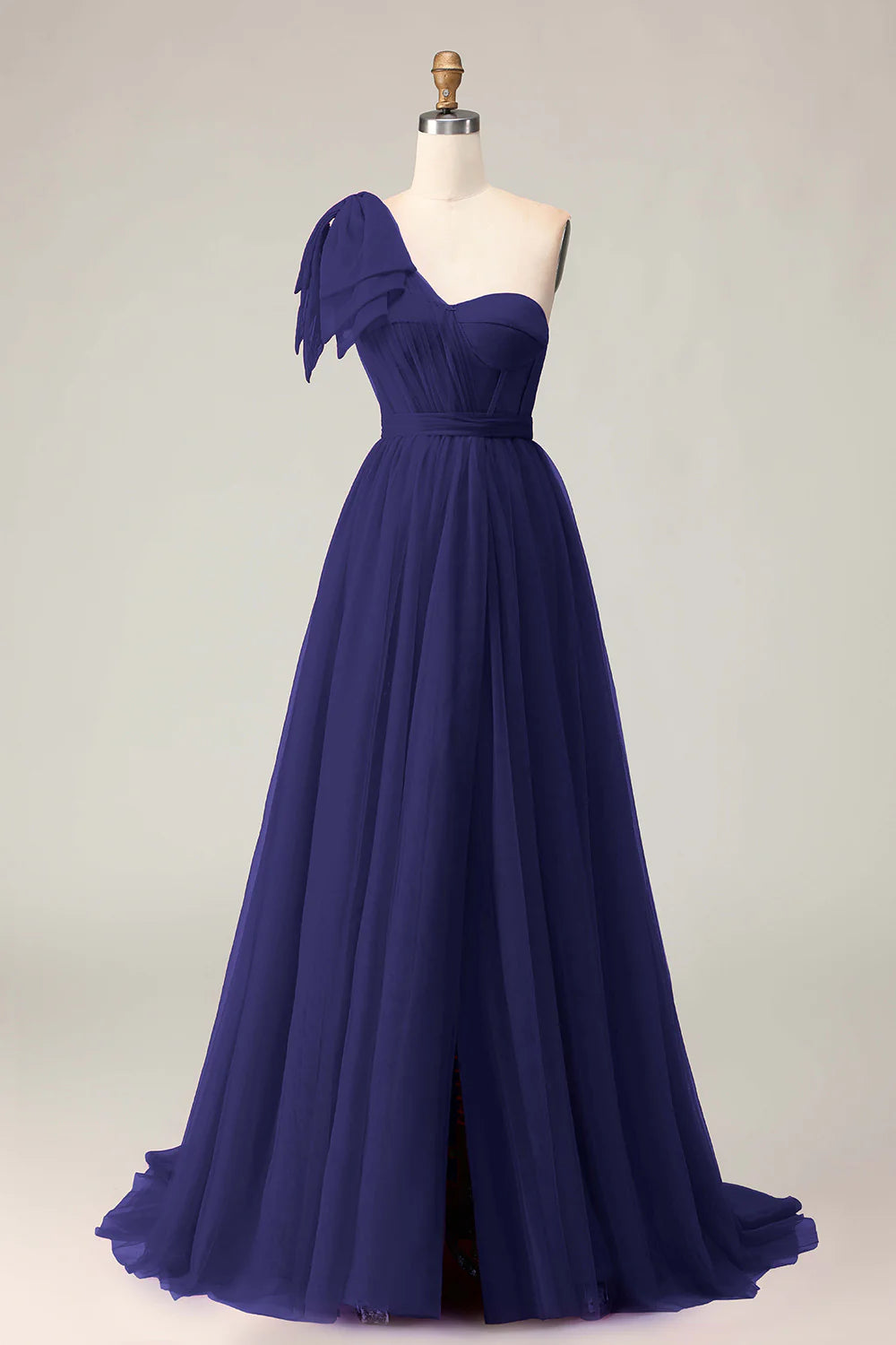 Fuchsia A Line One Shoulder Sheer Corset Tulle Long Prom Dress with Slit