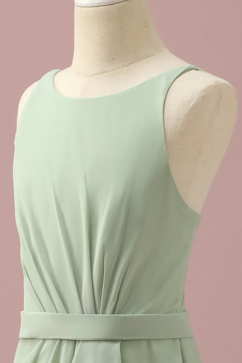 Dusty Sage Round Neck Chiffon Junior Bridesmaid Dress With Cascading Ruffles
