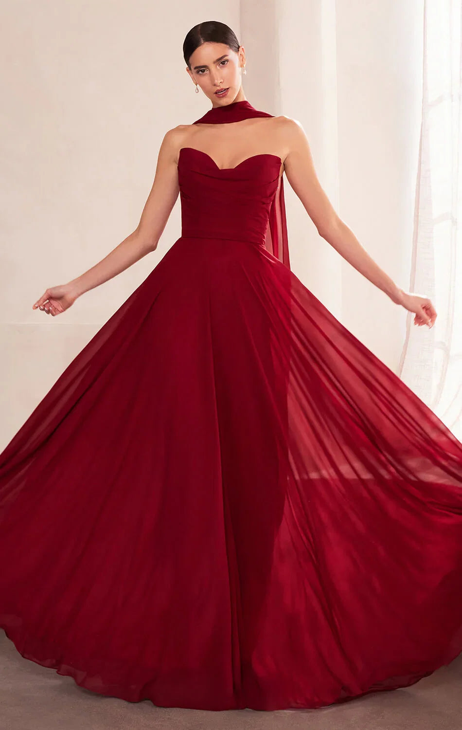 Ella Gown A line Strapless Chiffon Dress With Scarf