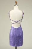 Sparkly Purple Sheath Sequins Short Homecoming Dress with Lace Up Back