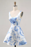 White Blue Flower A Line Printed Short Homecoming Dress