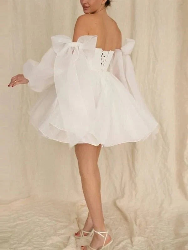 A Line Puff Long Sleeves Short Wedding Dresses With Bows
