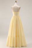Lemon Sobert Chiffon A Line Strapless Corset Long Bridesmaid Dress with Slit