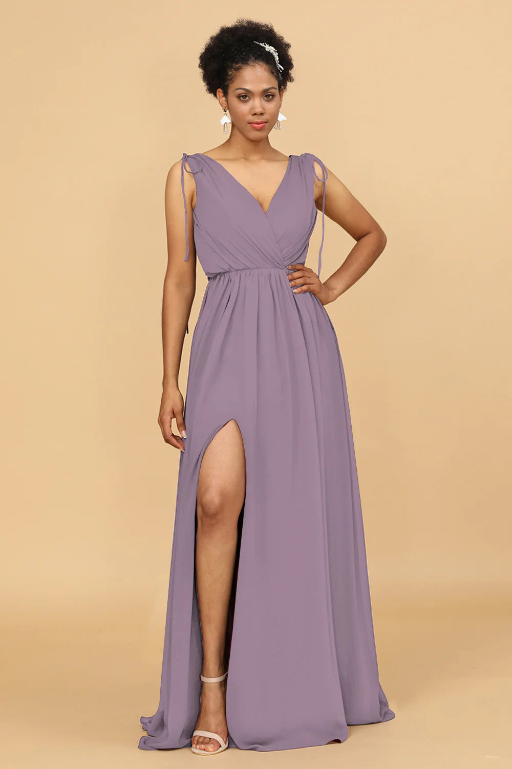 A Line Ruched V Neck Sleeveless Chiffon Bridesmaid Dress with Slit