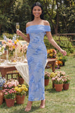 Blue Off the Shoulder Mermaid Floral Wedding Guest Dress