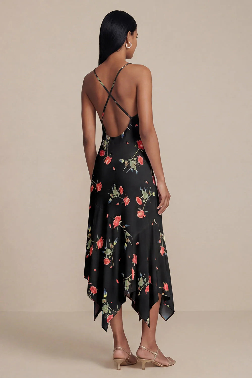 Black Floral Printed A Line V Neck Midi Wedding Guest Dress