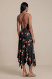 Black Floral Printed A Line V Neck Midi Wedding Guest Dress