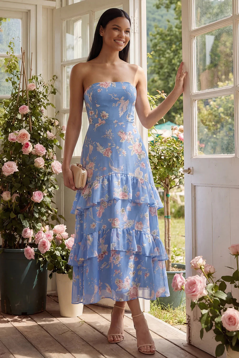 Floral Blue Strapless Tiered A Line Wedding Guest Dress