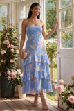 Floral Blue Strapless Tiered A Line Wedding Guest Dress