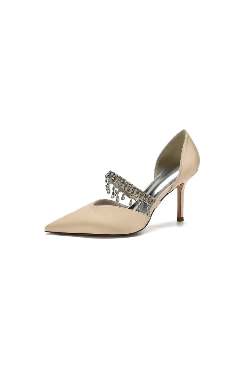 Cocktail Pointed Toe Crystal Tassel Buckle Strap Heels