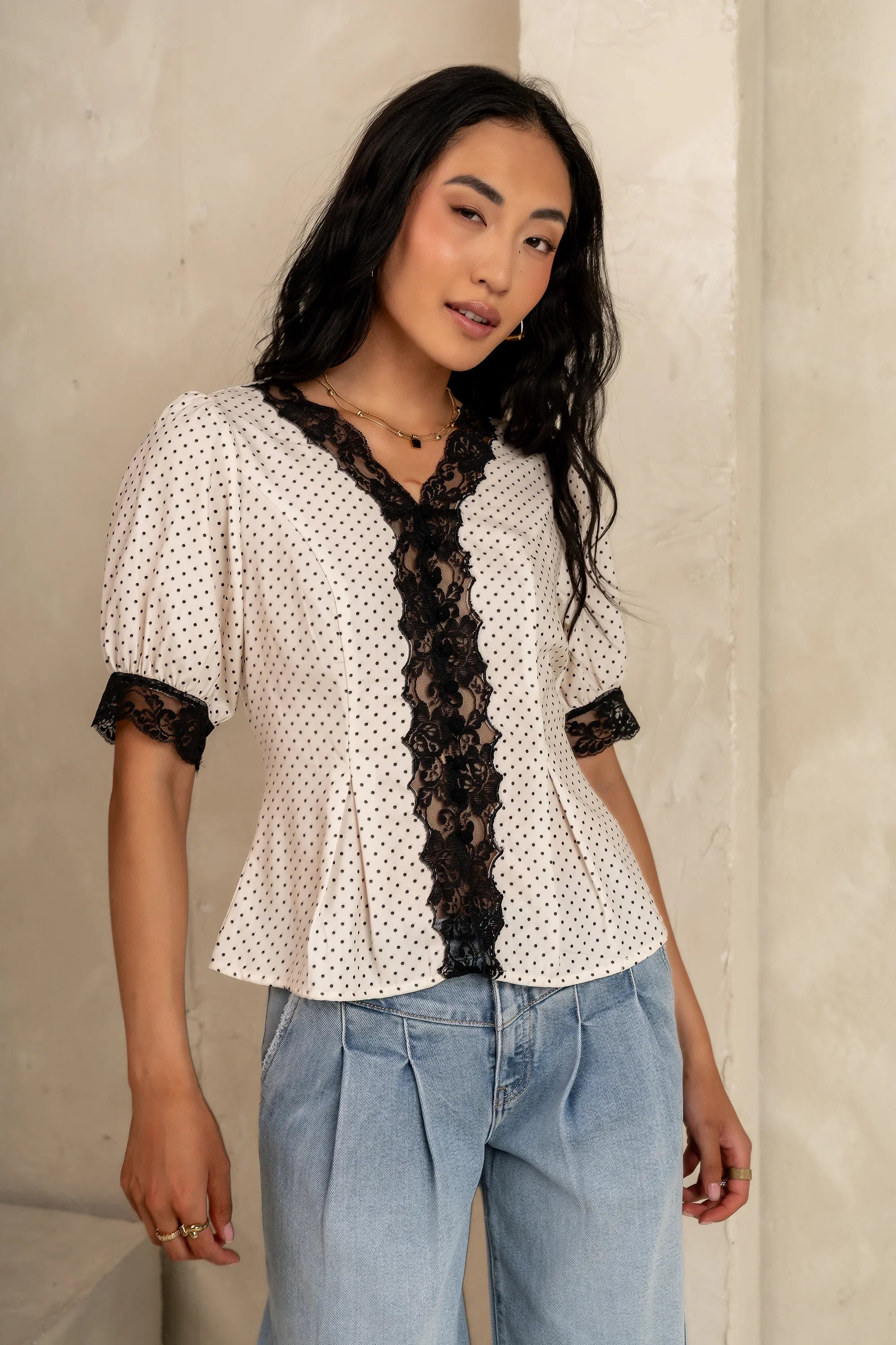 Angie Lace Trim Blouse in Cream FINAL SALE