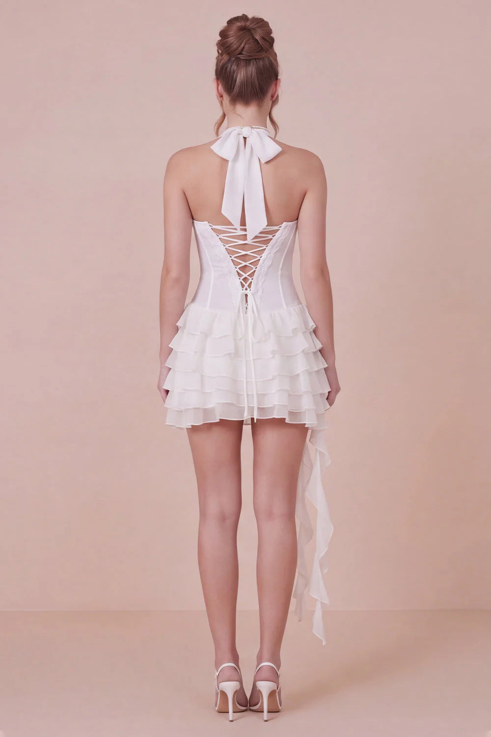 Halter Corset Tiered Ruffled White Graduation Dress with Side Streamer
