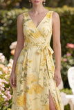 A Line Yellow V Neck Floral Wedding Guest Dress with Slit