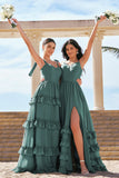 A Line Spaghetti Straps Corset Long Ruffled Eucalyptus Bridesmaid Dress with Slit