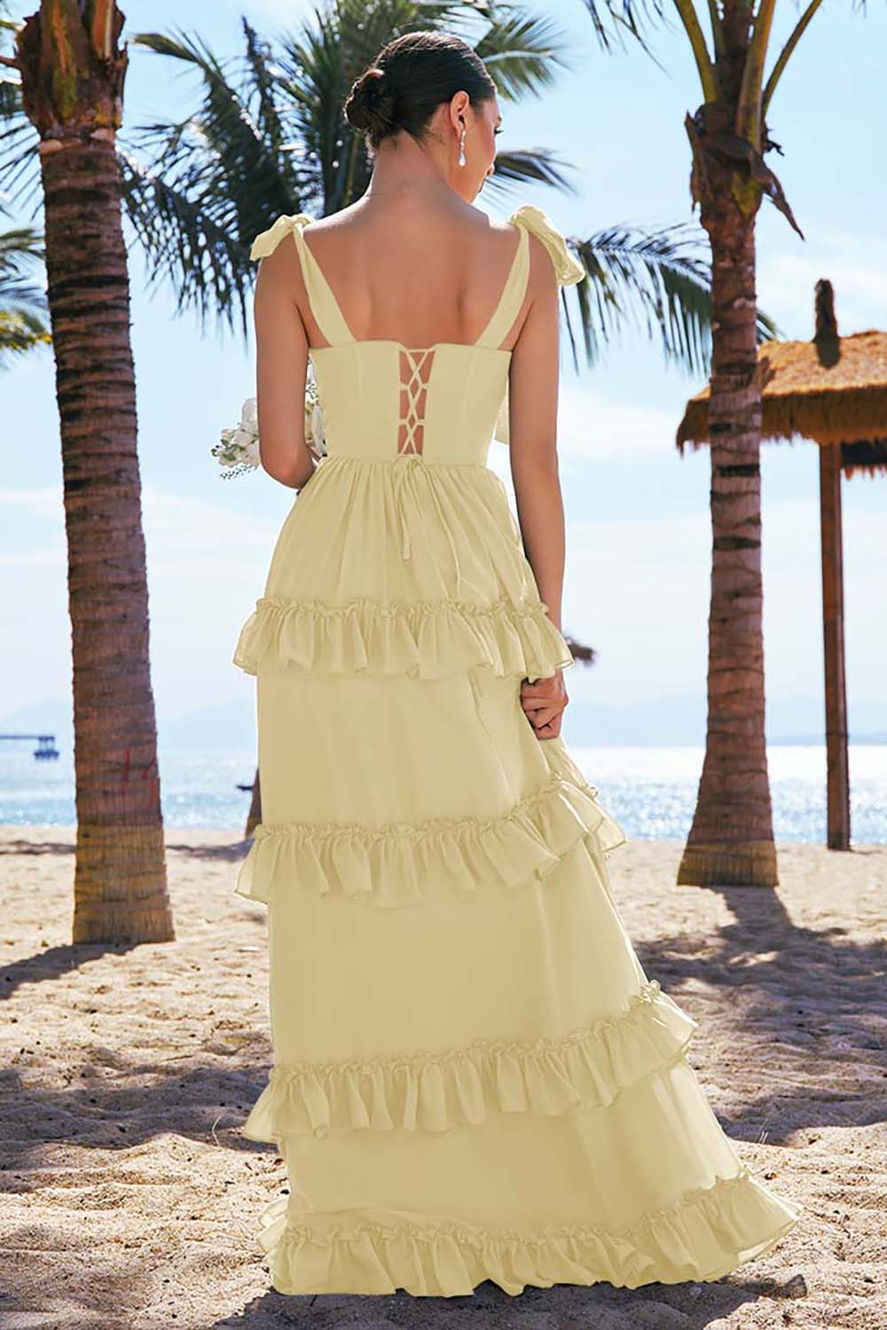 Eucalyptus A Line Bow Tie Straps Corset Tiered Long Bridesmaid Dress with Slit