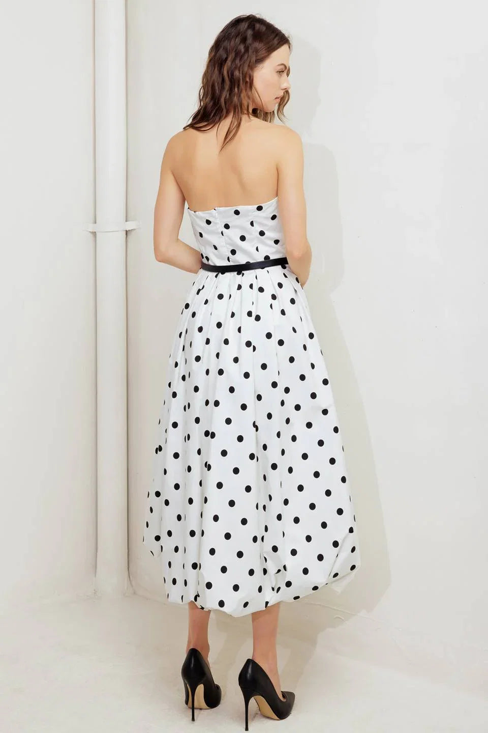 WHITE BLACK POLKA DOT BUBBLE HEM MIDI DRESS
