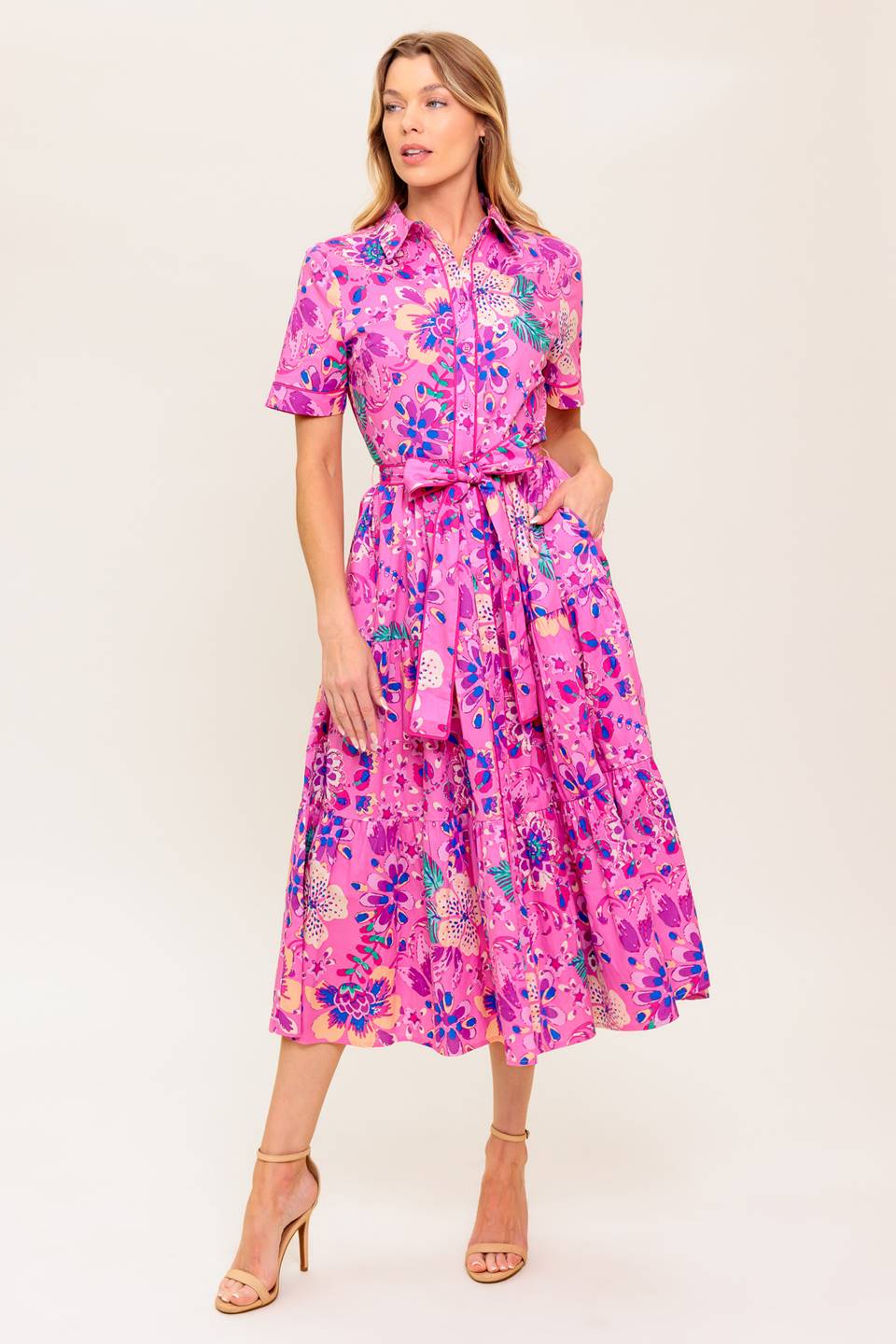PETAL PRESS PINK PURPLE FLORAL MIDI DRESS