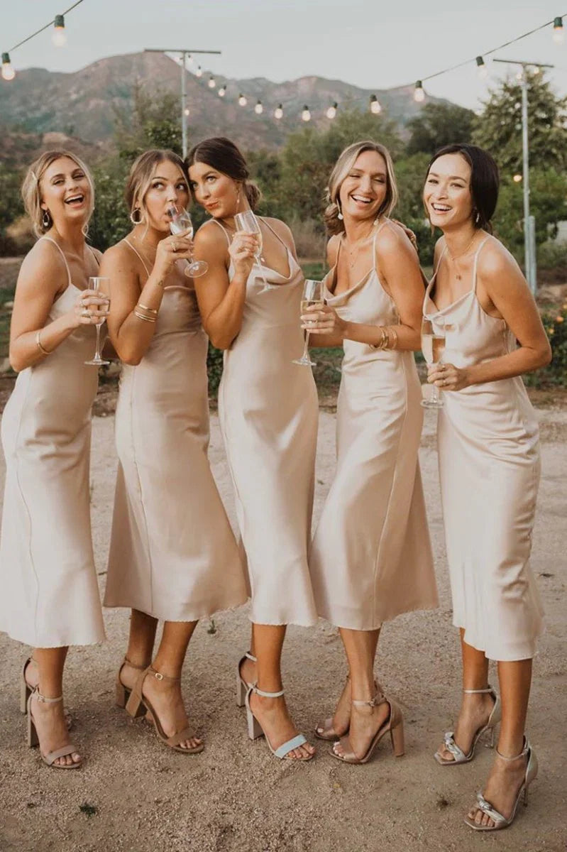 Spaghetti Straps Cowl Neck Tea Length Champagne Sheath Bridesmaid Dress