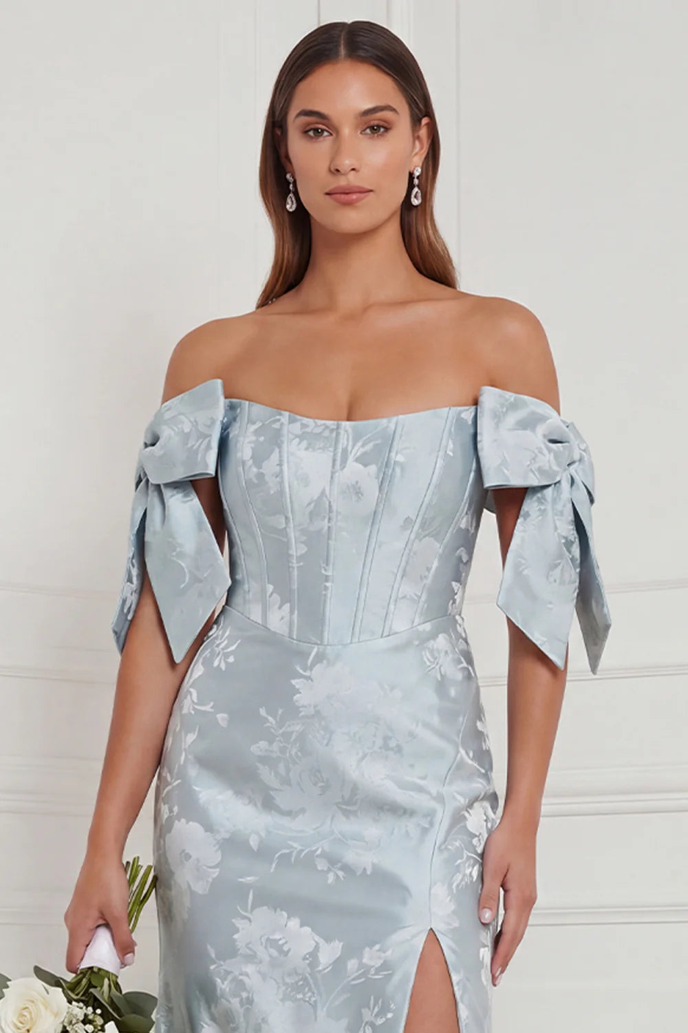 Off the Shoulder Blue Floral Mermaid Bridesmaid Dress with Slit