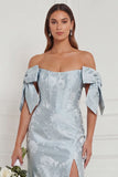 Off the Shoulder Blue Floral Mermaid Bridesmaid Dress with Slit