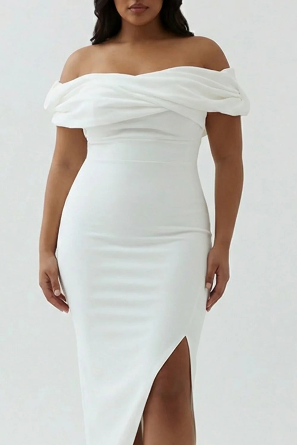 Off the Shoulder White Sheath Matte Satin Plus Size Graduation Dress With Slit